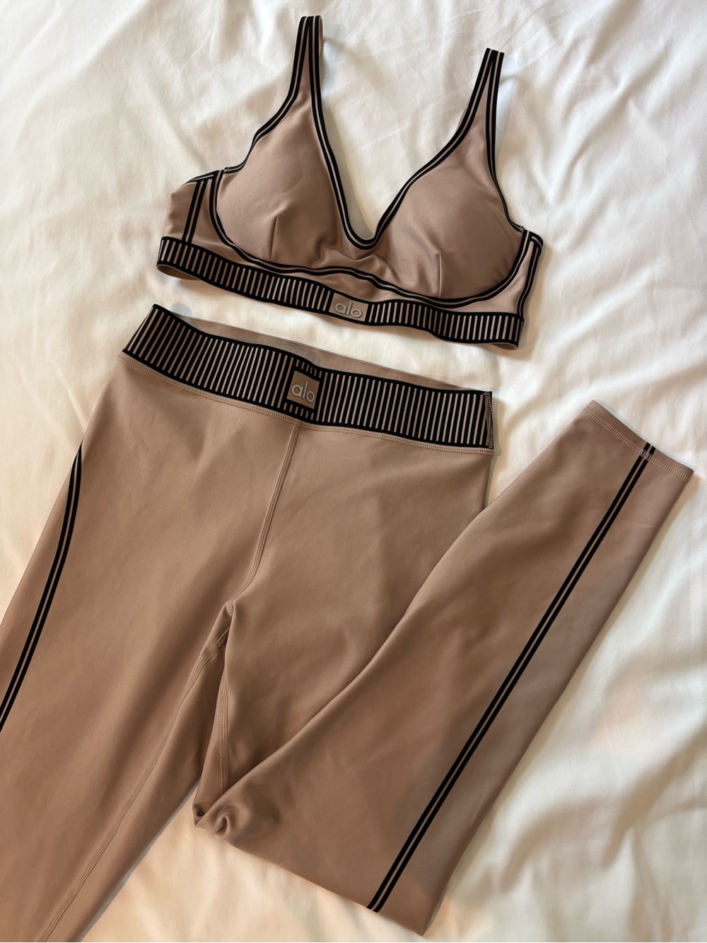 ALO Yoga Taupe Bralette and Legging Set with Black Trim